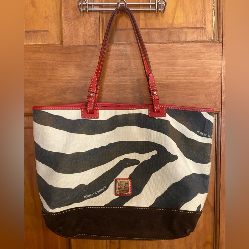 Dooney & Bourke Zebra Print Shoulder Handbag Red Leather Trim
